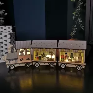 Image of 16cm LED Battery Operated Indoor Wooden Christmas Train & Carriages Scene