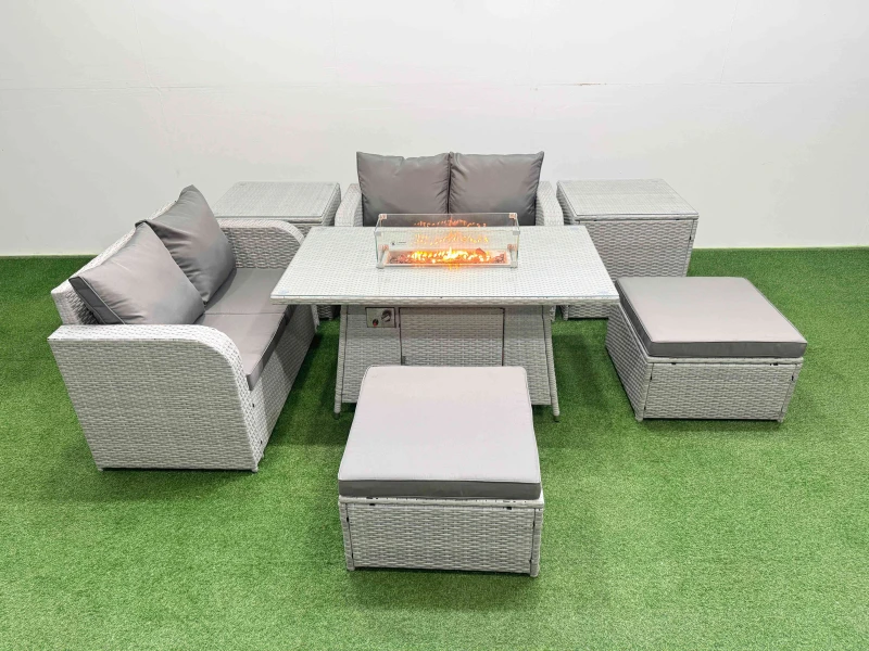 Image of Fimous 6 Seater Outdoor Love Sofa Set Rattan Garden Furniture Set with Firepit Dining Table 2 Footstool 2 Side Tables Light Grey Light Grey