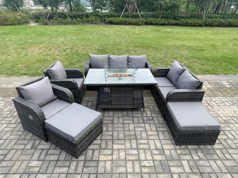 Image of Fimous Garden Patio Furniture Wicker Rattan Gas Fire Pit Table and Sofa Chair set with 2 Big Footstool Dark Grey