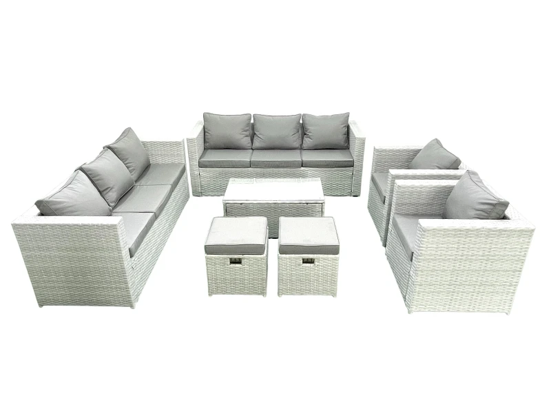 Image of Fimous Outdoor Rattan Sofa Garden Furniture Set with 2 Armchairs Oblong Coffee Table 2 Small Footstools Light Grey Mixed Light Grey