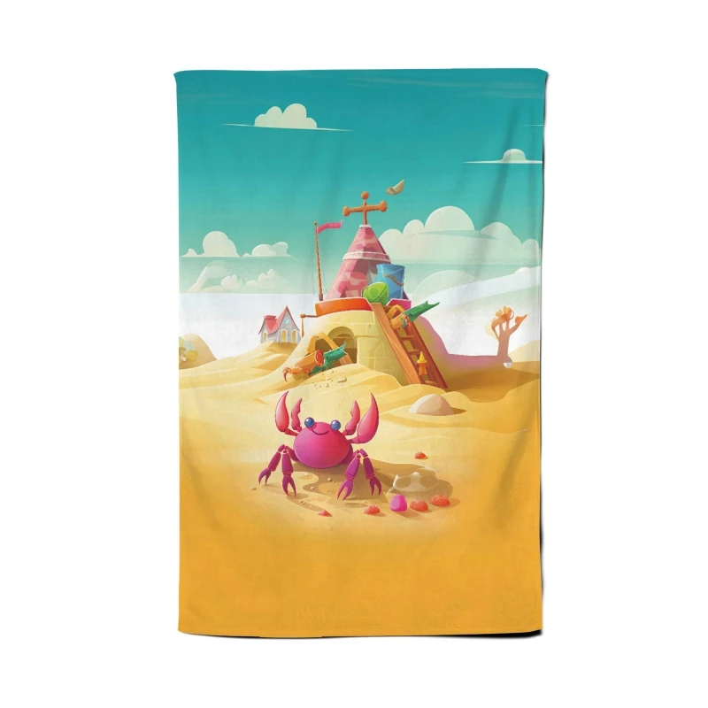 Image of Warren Reed - Designer Pink Crab On A Beach Holiday Tea Towel in Yellow Yellow Unisex