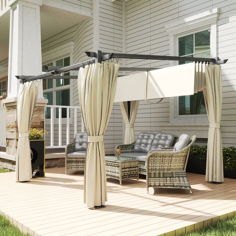 Image of Outsunny 3 x 3(m) Metal Pergola with Retractable Roof and Sidewalls, Beige Beige