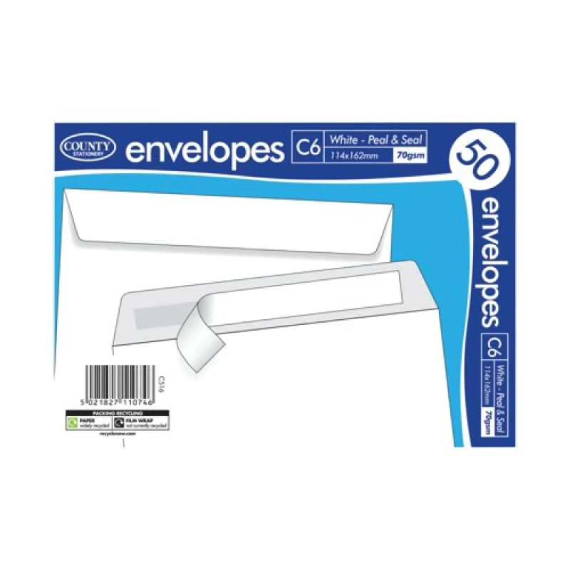 Image of County Stationery Peel and Seal Envelope 70gsm C6 White (1000 Pack) C516