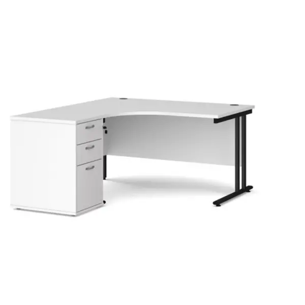 Image of Office Desk Left Hand Corner Desk 1400mm With Pedestal White Top With Black Frame Maestro 25