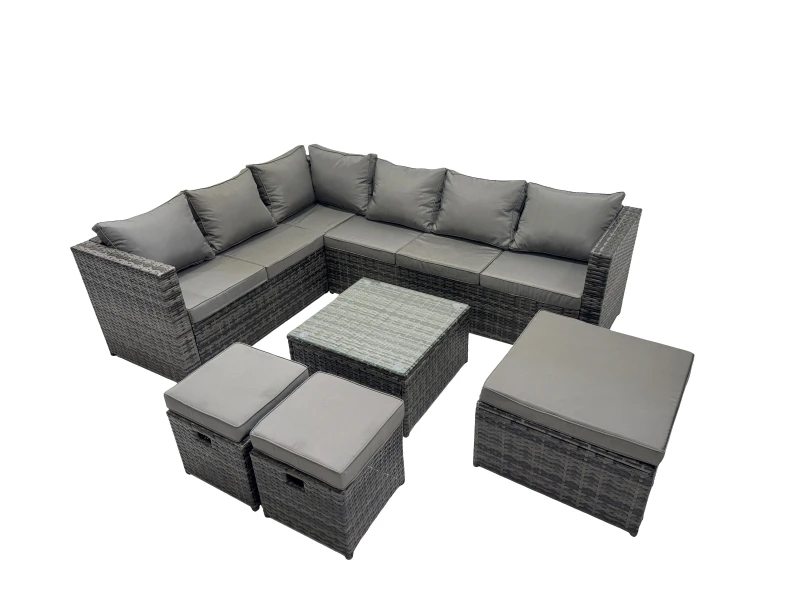 Image of Fimous Patio Furniture Sets with Corner Sofa Square Coffee Table 3 Footstools in Dark Grey Dark Grey Unisex