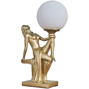 Image of Vintage Table Lamp Woman Art Deco With Glass Shade - Gold - No Bulb