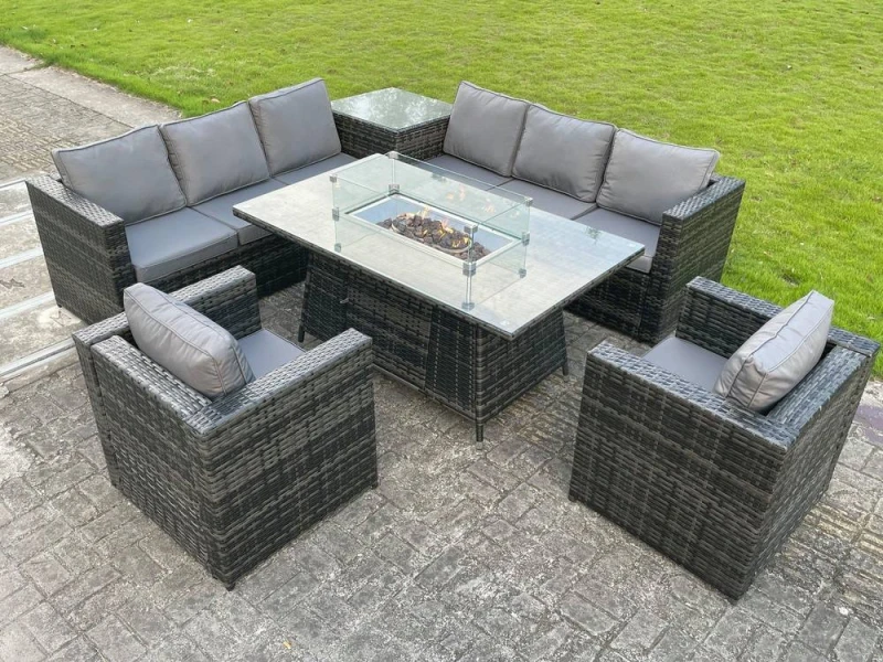 Image of Fimous PE Rattan Garden Corner Furniture Gas Fire Pit Table Sets Gas Heater Lounge Chair Dark Grey