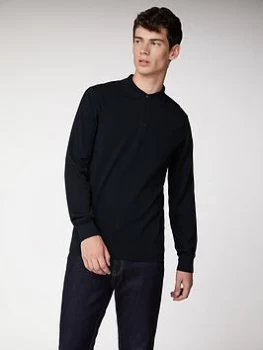 Image of Ben Sherman Long Sleeve Cotton Polo-Black, Size S, Men