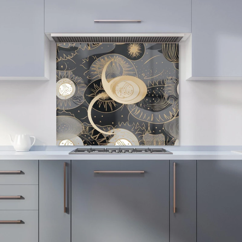 Image of Warren Reed - Designer Abstract Silver Gold Sun & Moon Kitchen Splashback in Grey Size: 900mm x 750mm Grey Unisex 900mm x 750mm