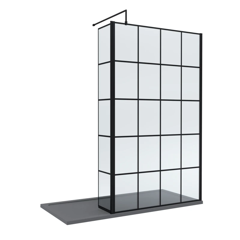 Image of Balterley 8mm Glass Wetroom Screen, Return Black Framed and Tray 1700 x 700mm Grey