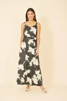Image of Black Satin Floral Print Maxi Dress