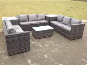Image of Fimous 9 Seater Outdoor Dark Grey Rattan Lounge Sofa Complete Set with Oblong Coffee Table and 2 Tall Side Tables