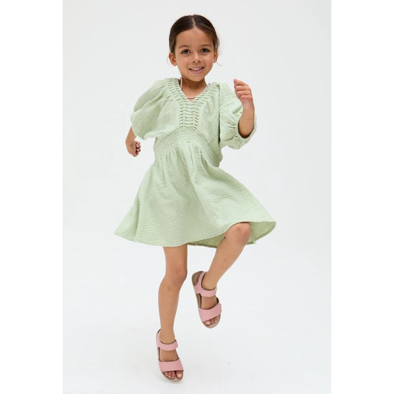 Image of Raffya Kids Soipoi Ruched V-Neck Dress In Green Green female 4 Yrs
