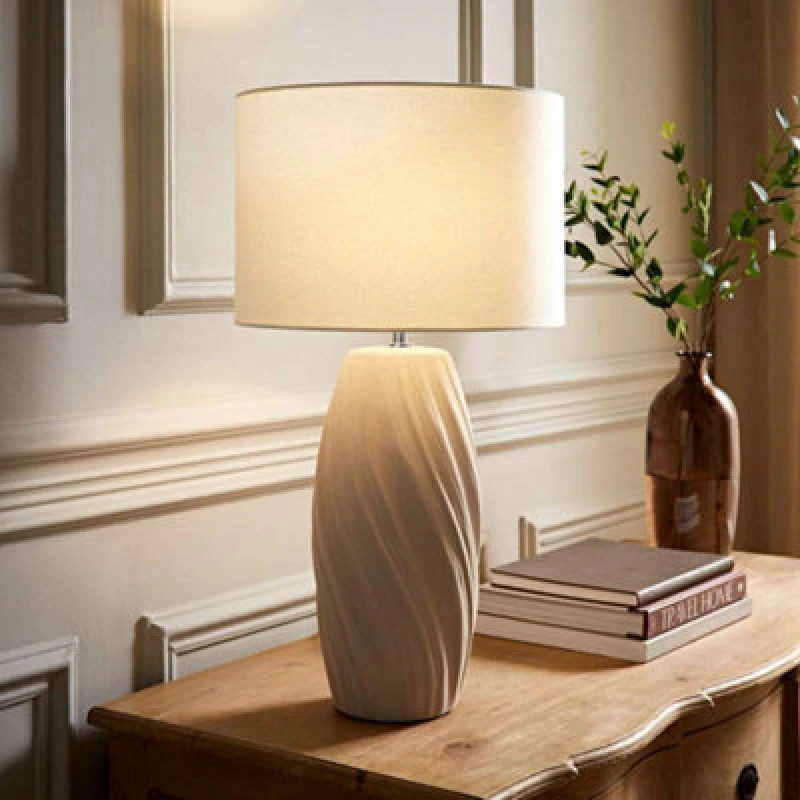 Image of Valuelights Lydia Natural Linen Drum Lamp Shade Tall Swirl Matte Natural Table Lamp