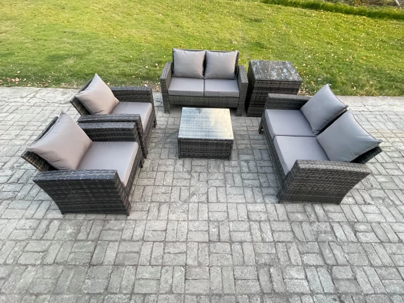 Image of Fimous Rattan Garden Furniture Set 6 Seater Patio Outdoor Lounge Sofa Set with Square Coffee Table Double Seat Sofa Side Table in Dark Grey Dark Grey