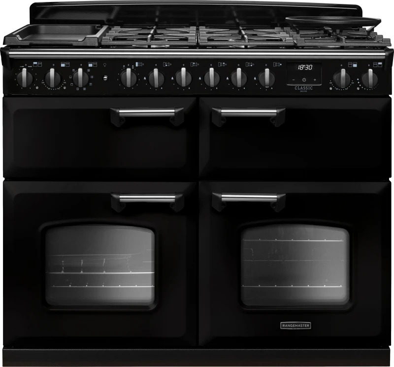 Image of Rangemaster Classic Deluxe CLDLB110DFPGBL/CM1 110cm wide Dual Fuel Range Cooker with Gas Hob - Black / Chrome - A Rated