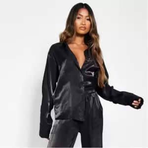 Image of I Saw It First Oversized Shiny Satin Shirt Coord - Black