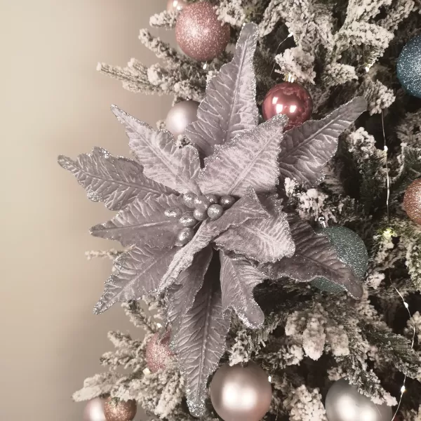 Image of 68cm Silver Velvet Poinsettia Stem with 2 Flowers Christmas Decoration