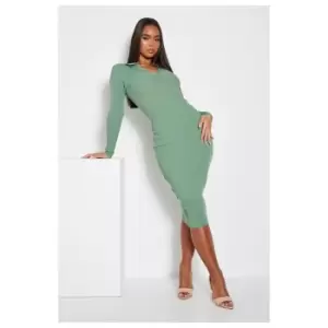 Image of I Saw It First Seamless Rib Button Collar Detail Midi Dress - Green
