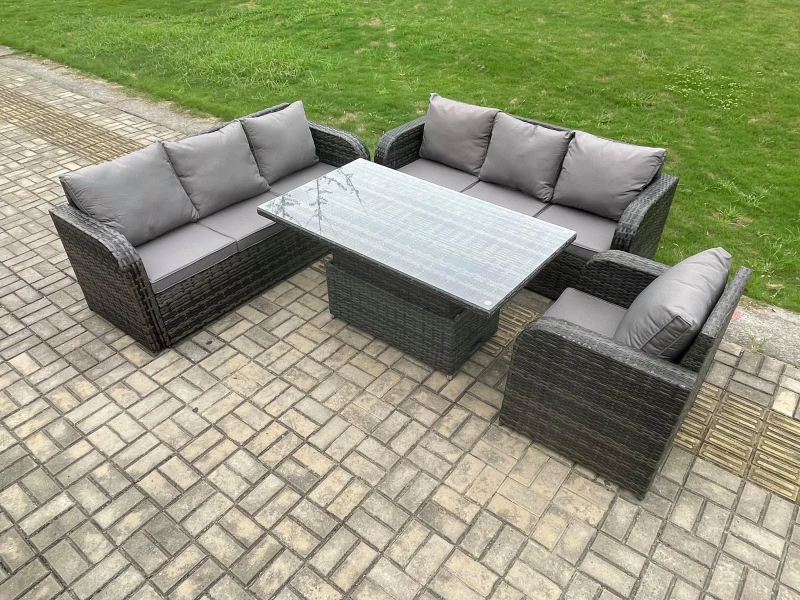 Image of Fimous 7 Seater Outdoor Rattan Garden Furniture Sets Height Adjustable Rising lifting Dining Table Sofa Set with Reclining Chair Dark Grey