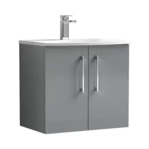 Image of Arno Gloss Cloud Grey 600mm Wall Hung 2 Door Vanity Unit with 30mm Curved Profile Basin - ARN1323G - Cloud Grey - Nuie
