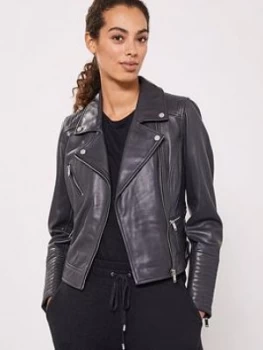 Image of Mint Velvet Stitch Sleeve Detail Leather Biker - Smoke, Smoke, Size 12, Women