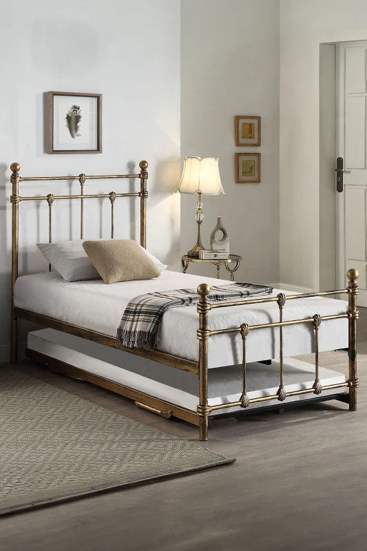 Image of SlumberWorx Bayford Traditional Single Metal Bed Frame with Guest Trundle Bed Bronze