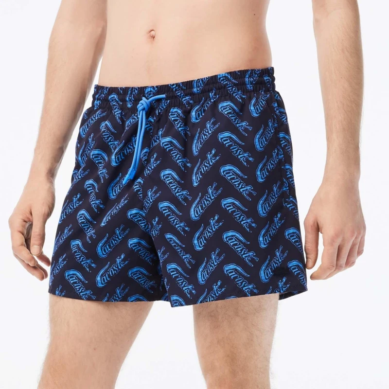 Image of Lacoste Logo Print Recycled Swim Shorts - Blue Blue S