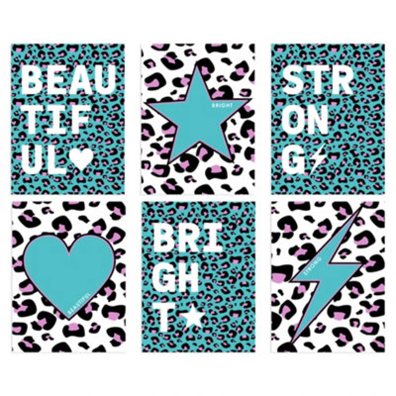 Image of Wee Blue Coo Wall Art Print Set Of 6 Leopard Pattern And Bold Shapes Turquoise And Purple Beautiful Bright Strong Typography