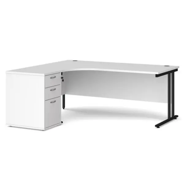 Image of Office Desk Left Hand Corner Desk 1800mm With Pedestal White Top With Black Frame Maestro 25