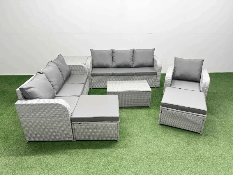 Image of Fimous 9 Seater Poly Rattan Outdoor Garden Furniture Sofa Set Patio 3 Seater Sofa Reclining Chair 3 Seater Sofa 2 Big Footstools Side Table Light Grey