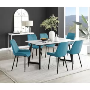 Image of Furniturebox UK - Furniturebox Carson White Marble Effect Rectangular 160cm Dining Table & 6 Blue Pesaro Black Leg Velvet Chairs