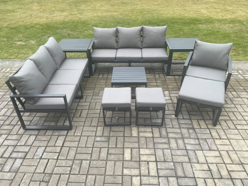 Image of Fimous Aluminium Outdoor Lounge Sofa Set Garden Furniture Sets with Square Coffee Table Chair 3 Footstools 2 Side Tables Dark Grey Dark Grey Unisex
