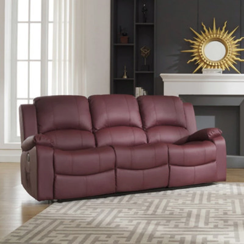 Image of Glendale 201Cm Wide 3 Seat Burgundy Bonded Leather Electrically Operated 3 Seat Recliner Sofa