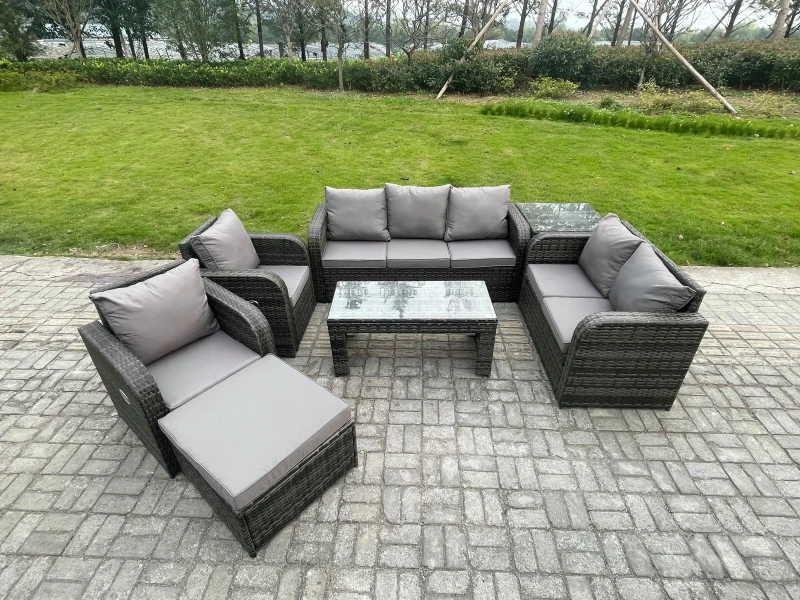 Image of Fimous 8 Seater Outdoor Rattan Garden Furniture Set Patio Lounge Sofa Set with Rectangular Coffee Table Big Footstool Side Table Dark Grey Mixed Dark