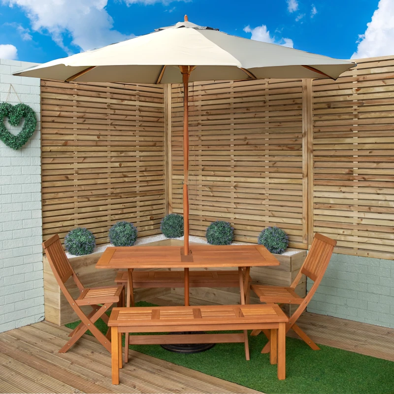 Image of Outdoor 6 Person Rectangular Wooden Garden Dining Table, 2 Benches, Chairs with Cream Parasol and Base Set