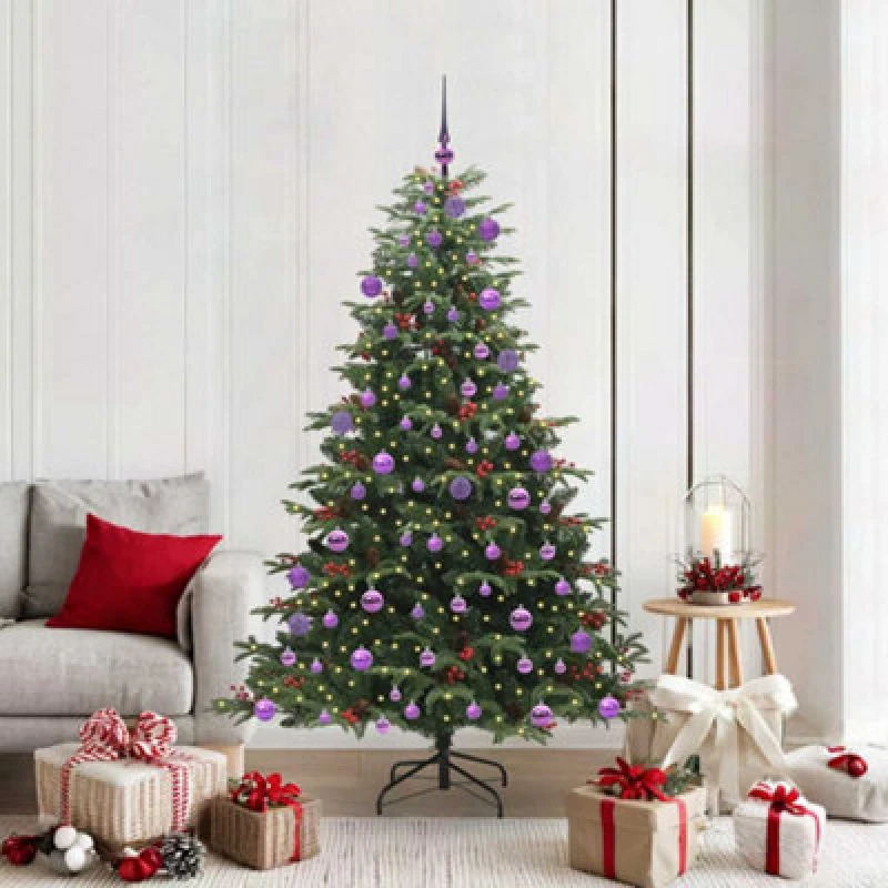 Image of vidaXL Artificial Christmas Tree with LED Strip Lights, Lilac Balls Green 180 cm, Green 3395556