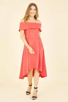 Image of Red Bardot Dipped Hem Dress