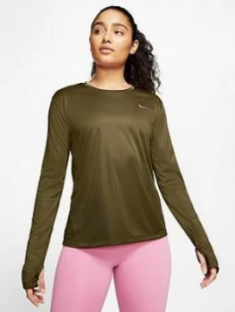 Image of Nike Running Long Sleeve Miler Top - Olive , Olive, Size XS, Women