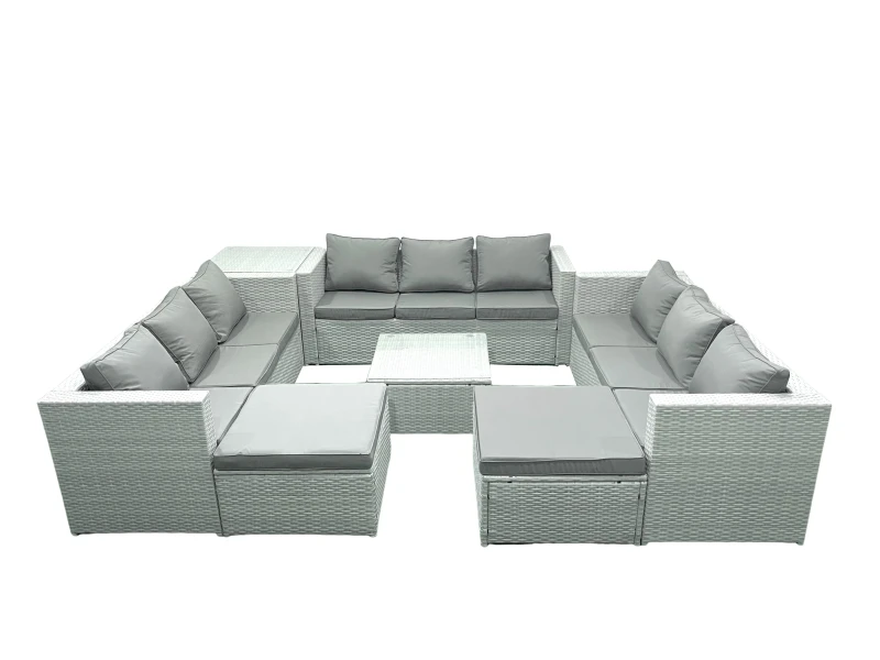 Image of Fimous Rattan Garden Outdoor Furniture Set 11 Seater Rattan Garden Sofa Set with 2 Big Footstools Side Table Light Grey Mixed Light Grey