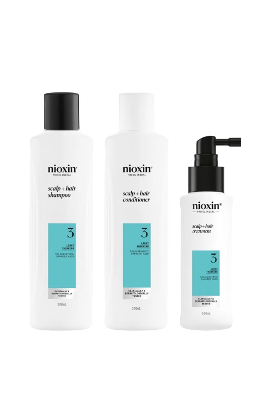 Image of Nioxin Scalp + Hair Thickening System 3 for Coloured, Dry and Damaged Hair with Light Thinning, Loyalty Kit Clear