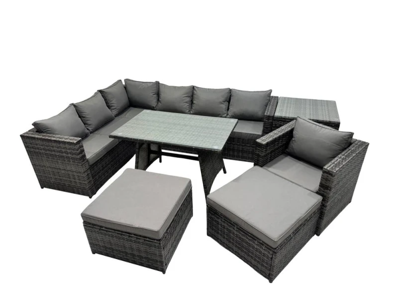 Image of Fimous 9-seater Outdoor Rattan Sofa Set with with Chair Side Table Big Stools in Dark Grey Dark Grey Unisex