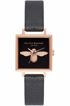 Image of Ladies Olivia Burton Square Dial 3D Bee Black & Rose Gold Watch OB16AM128