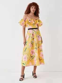 Image of COAST Organza Bardot Frill Midi Dress - Yellow, Yellow, Size 12, Women