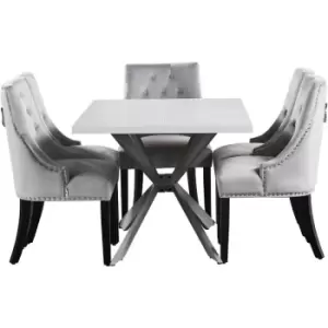 Image of 5 Pieces Life Interiors Windsor Duke Dining Set - a White Rectangular Dining Table and Set of 4 Light Grey Dining Chairs - Light Grey