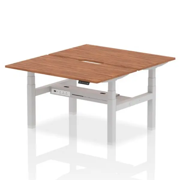 Image of Air Air Back-to-Back 1400 x 800mm Height Adjustable 2 Person Bench Desk Walnut Top with Scalloped Edge Silver Frame HASSE2P14800WNTS