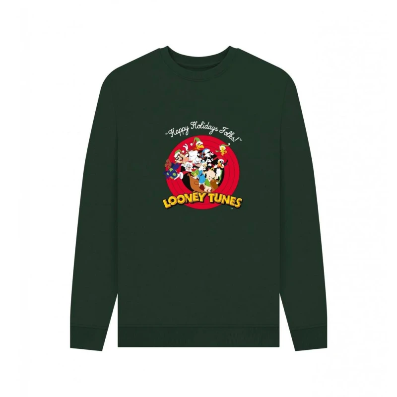 Image of Looney Tunes Mens Christmas Sweatshirt in Bottle Green Size: Medium Bottle Green Male M