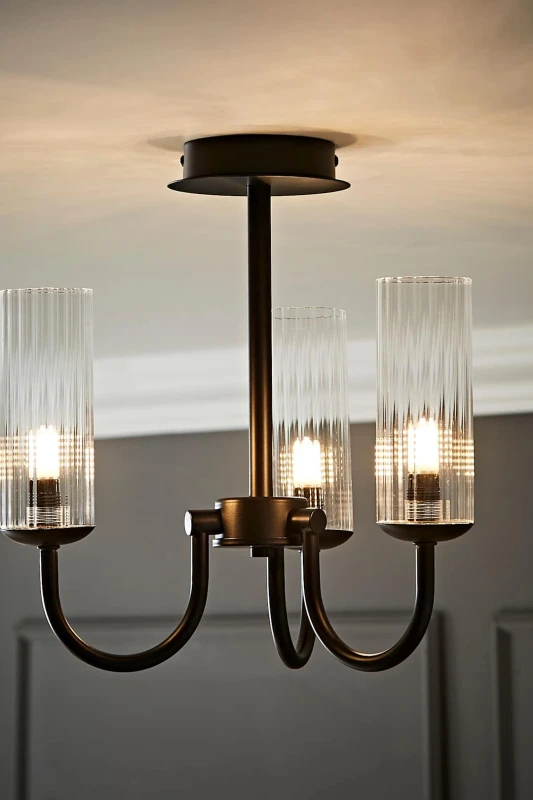 Image of ValueLights ValueLights Canya 3 Way Ribbed Glass Chandelier Style Ceiling Light with Bulbs in Black One Size Unisex 5059406070938