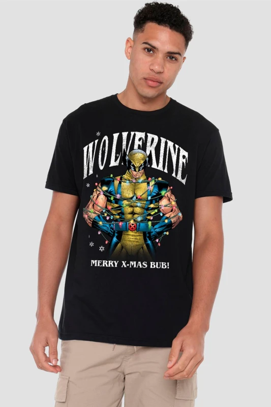 Image of Marvel Marvel Wolverine Merry Xmas Bub T-Shirt, Black Size: Medium Black M Unisex 0199756712302