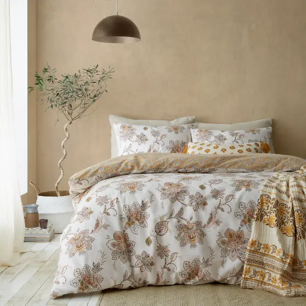 Image of Pineapple Elephant Sahara Floral Beige Duvet Cover and Pillowcase Set Beige